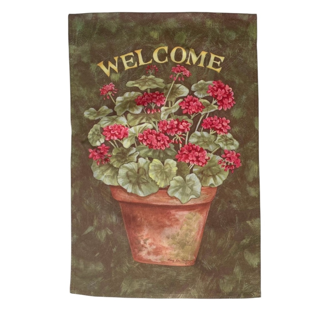 Welcome Yard Flag Flowers Geraniums Small 12x18 Banner Green Red Pink VTG 1990s
